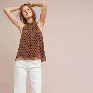 NWT new Anthropologie Erin+ Ali Palais brown black polka dot sleeveless top M